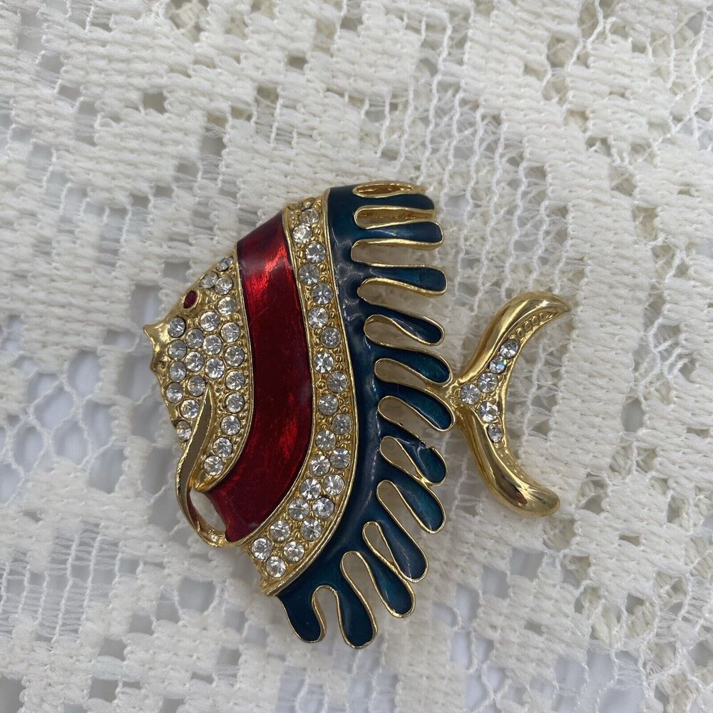 Vintage Gold Koi Fish Brooch Pin, Enamel Red Blue, Tropical Angel Fish Giovanni